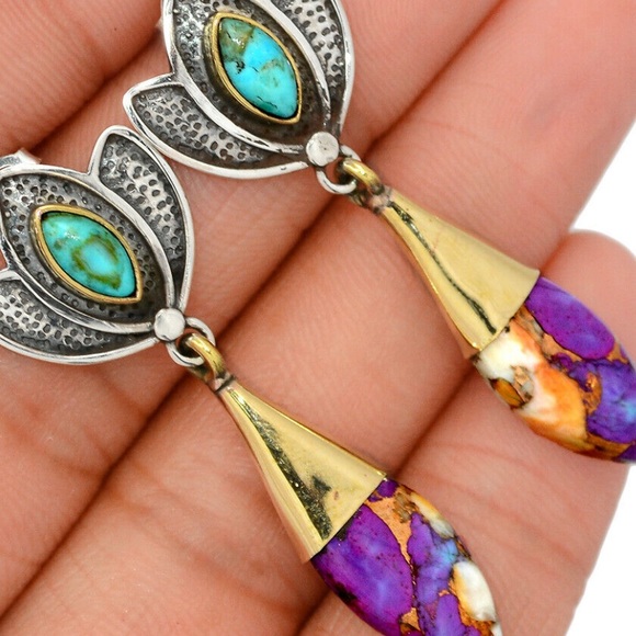 New Oyster purple turquoise and turquoise lotus Sterling silver earrings - Picture 2 of 2